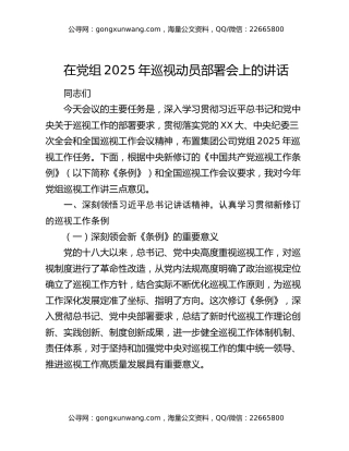在党组2025年巡视动员部署会上的讲话