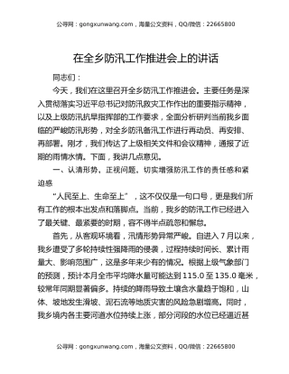 在全乡防汛工作推进会上的讲话