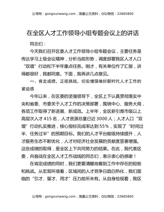 在全区人才工作领导小组专题会议上的讲话