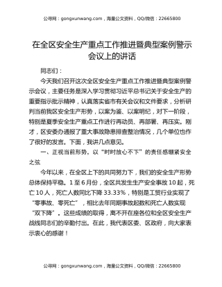 在全区安全生产重点工作推进暨典型案例警示会议上的讲话