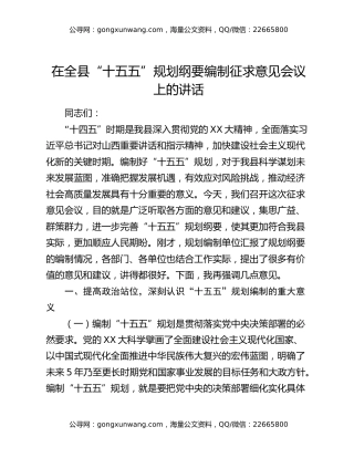 在全县“十五五”规划纲要编制征求意见会议上的讲话