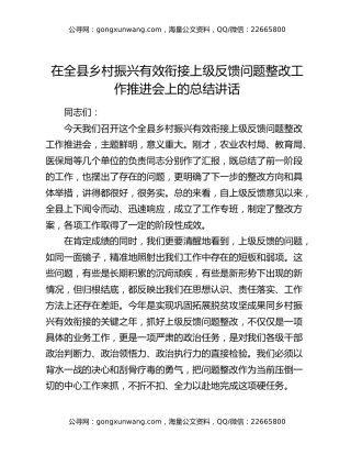 在全县乡村振兴有效衔接上级反馈问题整改工作推进会上的总结讲话