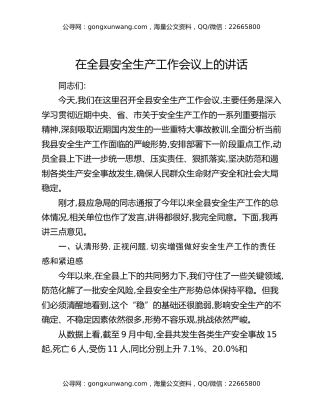 在全县安全生产工作会议上的讲话