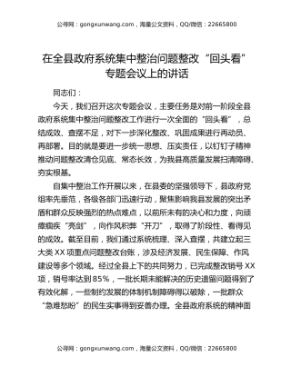 在全县政府系统集中整治问题整改“回头看”专题会议上的讲话