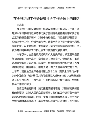 在全县组织工作会议暨社会工作会议上的讲话