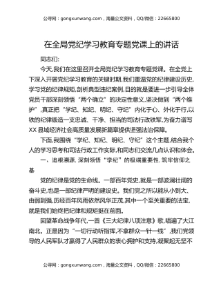 在全局党纪学习教育专题党课上的讲话