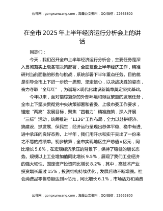 在全市2025年上半年经济运行分析会上的讲话