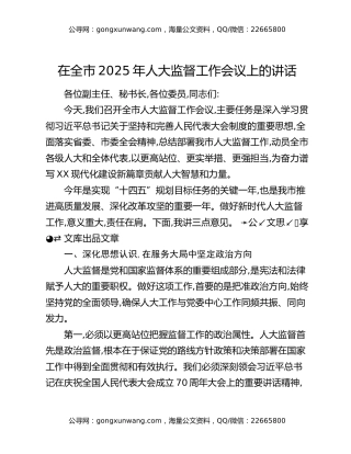 在全市2025年人大监督工作会议上的讲话