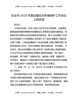 在全市2025年度加强生态环境保护工作会议上的讲话