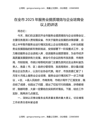 在全市2025年服务业提质增效与企业培育会议上的讲话