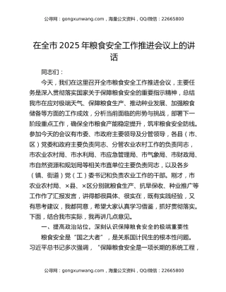 在全市2025年粮食安全工作推进会议上的讲话