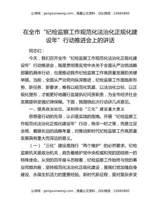 在全市“纪检监察工作规范化法治化正规化建设年”行动推进会上的讲话
