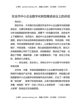 在全市中小企业数字化转型推进会议上的讲话