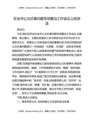 在全市公文抄袭问题专项整治工作会议上的讲话