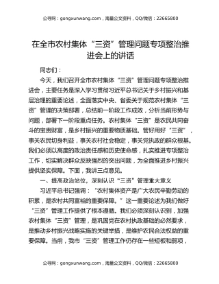 在全市农村集体“三资”管理问题专项整治推进会上的讲话