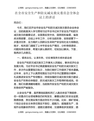 在全市安全生产和防灾减灾救灾委员会全体会议上的讲话