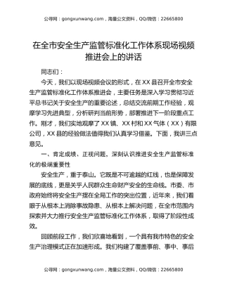 在全市安全生产监管标准化工作体系现场视频推进会上的讲话