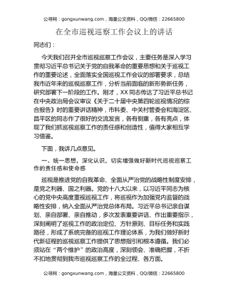 在全市巡视巡察工作会议上的讲话