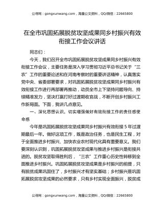在全市巩固拓展脱贫攻坚成果同乡村振兴有效衔接工作会议讲话