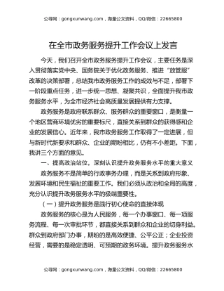 在全市政务服务提升工作会议上发言