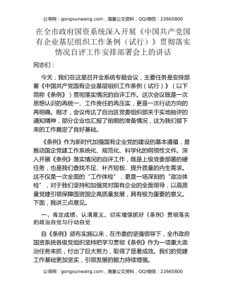 在全市政府国资系统深入开展《中国共产党国有企业基层组织工作条例（试行）》贯彻落实情况自评工作安排部署会上的讲话