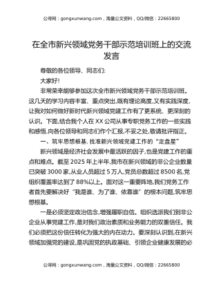 在全市新兴领域党务干部示范培训班上的交流发言