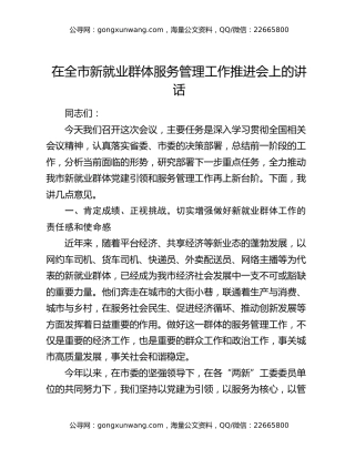 在全市新就业群体服务管理工作推进会上的讲话
