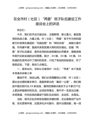 在全市村（社区）“两委”班子队伍建设工作座谈会上的讲话