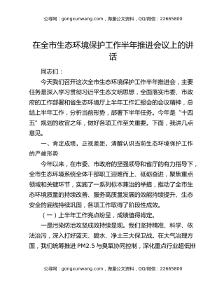 在全市生态环境保护工作半年推进会议上的讲话
