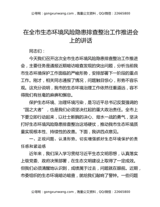 在全市生态环境风险隐患排查整治工作推进会上的讲话