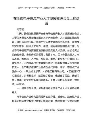 在全市电子信息产业人才发展推进会议上的讲话