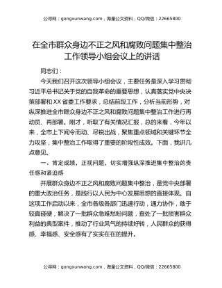 在全市群众身边不正之风和腐败问题集中整治工作领导小组会议上的讲话