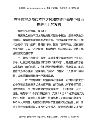 在全市群众身边不正之风和腐败问题集中整治推进会上的发言
