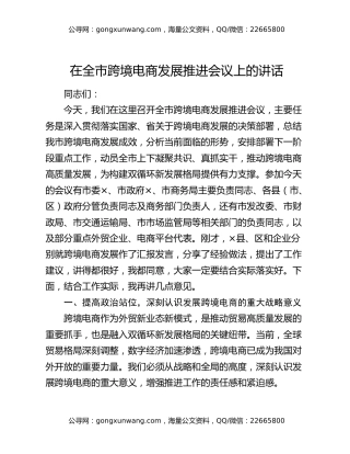 在全市跨境电商发展推进会议上的讲话