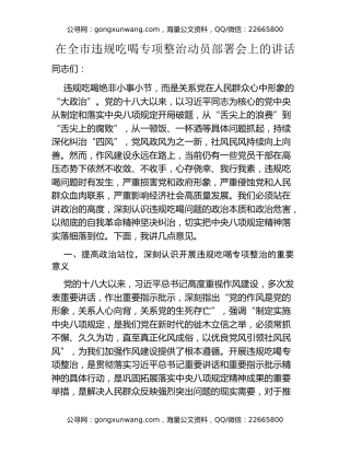 在全市违规吃喝专项整治动员部署会上的讲话