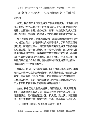 在全市防汛减灾工作视频调度会上的讲话