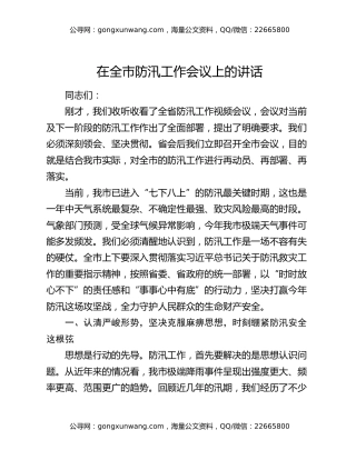 在全市防汛工作会议上的讲话