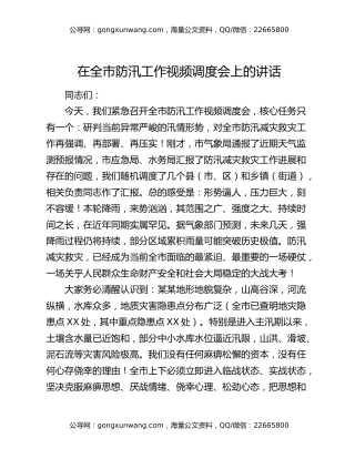 在全市防汛工作视频调度会上的讲话