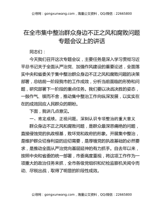 在全市集中整治群众身边不正之风和腐败问题专题会议上的讲话