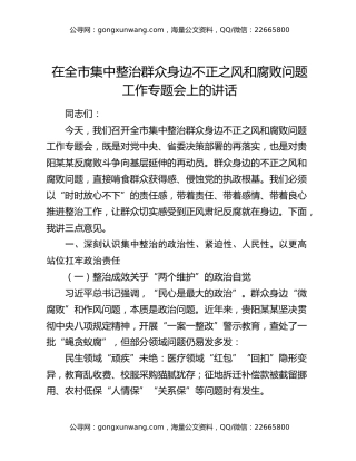 在全市集中整治群众身边不正之风和腐败问题工作专题会上的讲话