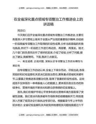 在全省深化重点领域专项整治工作推进会上的讲话稿