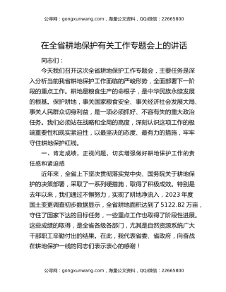 在全省耕地保护有关工作专题会上的讲话