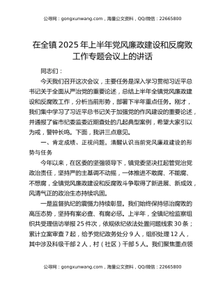 在全镇2025年上半年党风廉政建设和反腐败工作专题会议上的讲话