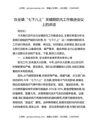 在全镇“七下八上”关键期防汛工作推进会议上的讲话