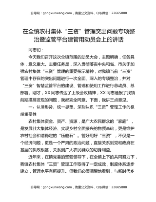 在全镇农村集体“三资”管理突出问题专项整治暨监管平台建管用动员会上的讲话
