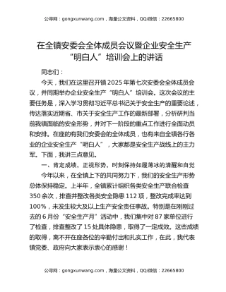 在全镇安委会全体成员会议暨企业安全生产“明白人”培训会上的讲话