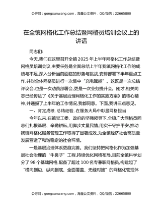 在全镇网格化工作总结暨网格员培训会议上的讲话