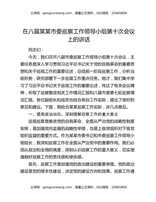 在八届某某市委巡察工作领导小组第十次会议上的讲话