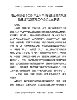 在公司党委2025年上半年党的建设暨党风廉政建设和反腐败工作会议上的讲话