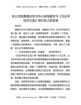 在公司党委理论学习中心组专题学习《习近平经济文选》研讨会上的发言